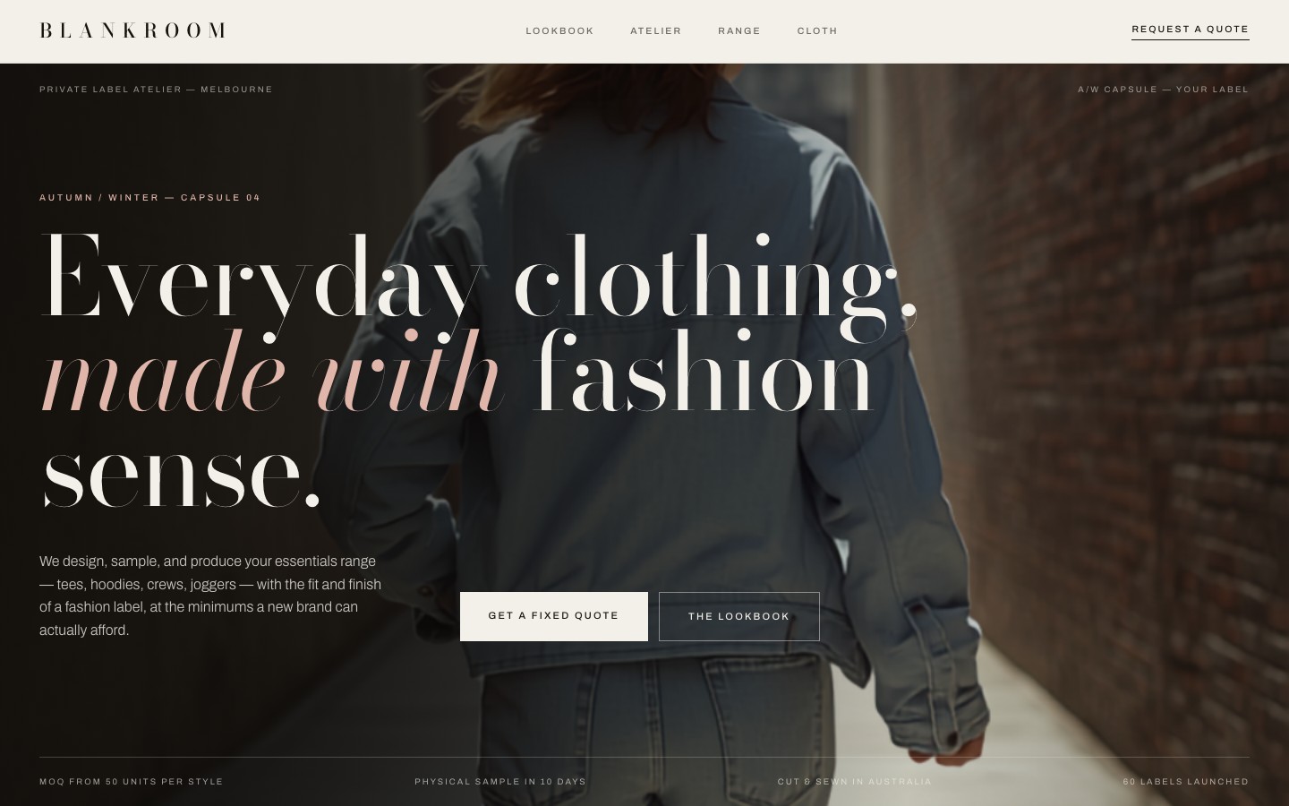 Blankroom private label clothing atelier website with Bodoni serif typography