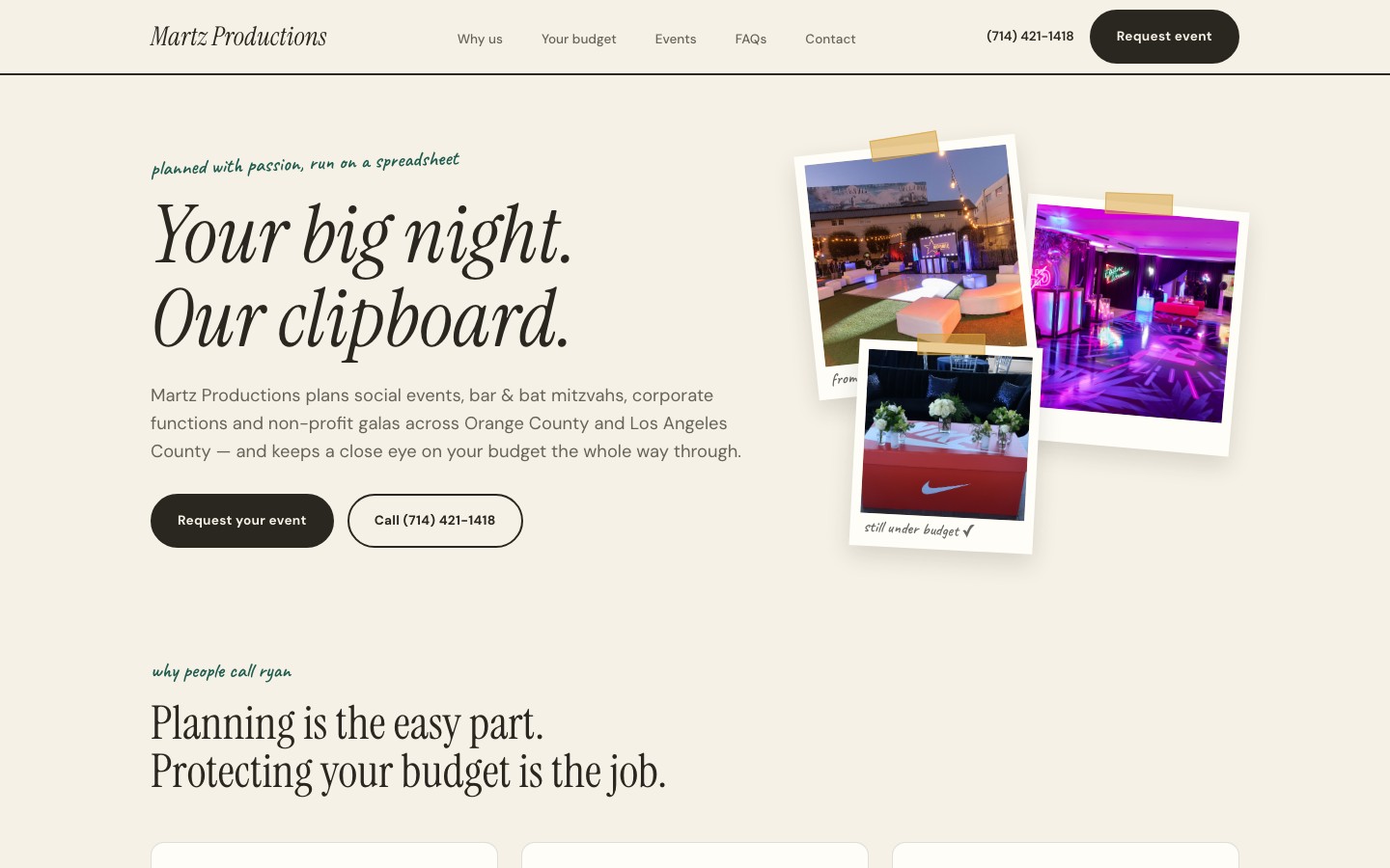 Martz Productions event planning agency website, Orange County