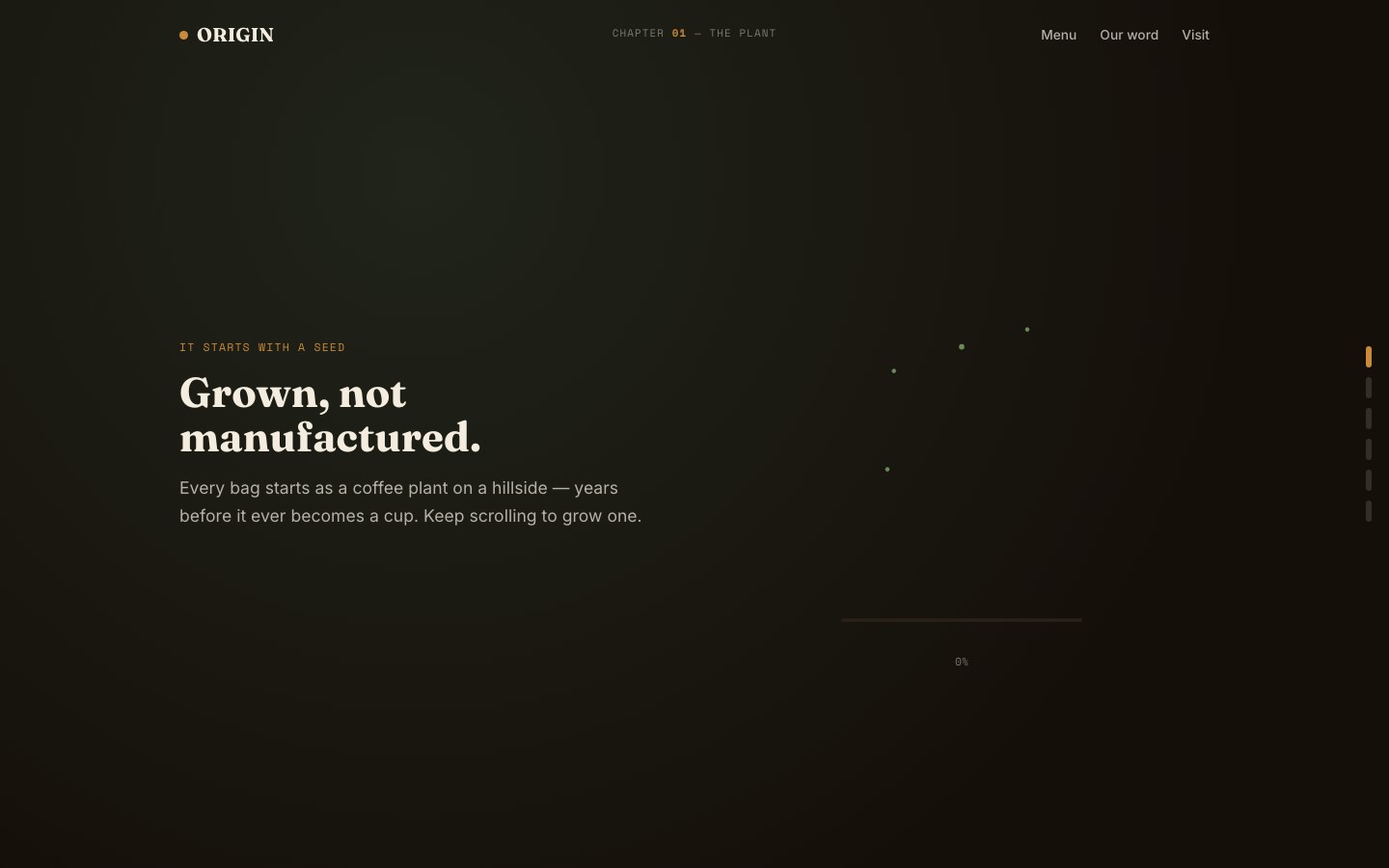 Origin Coffee specialty roaster website with seed-to-cup chapter navigation